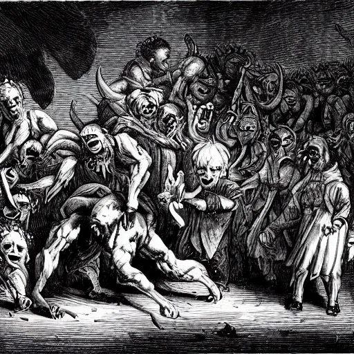 Image similar to a crowd of people banish a demon, horror art