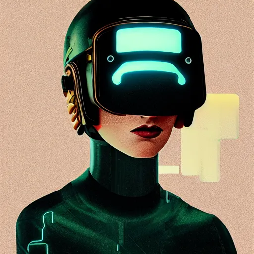 Prompt: portrait androgynous girl, blade runner 2 0 4 9, scorched earth, cassette futurism, modular synthesizer helmet, the grand budapest hotel, glow, digital art, artstation, pop art, by hsiao - ron cheng