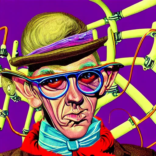 Image similar to graphic illustration, creative design, willy wonka, biopunk, francis bacon, highly detailed, hunter s thompson, concept art