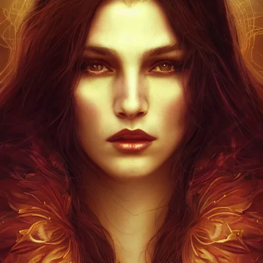 Image similar to majestic gracious regal aristocratic brunette female vampire portrait, atmospheric lighting, painted, menacing, intricate, volumetric lighting, beautiful, rich deep colours masterpiece, golden hour, sharp focus, hyper realistic, ultra detailed, by leesha hannigan, ross tran, thierry doizon, kai carpenter, ignacio fernandez rios