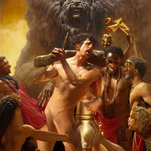 Prompt: 2 1 savage accuses travis scott of betrayal! zeus sits on the throne of olympus, heavenly marble, ambrosia served on golden platters, painting by gaston bussiere, craig mullins, j. c. leyendecker, tom of finland