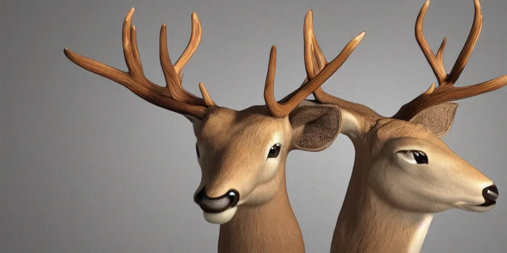 Image similar to anthropomorphic deer with a human head, antlers, photo realistic, hyper realistic