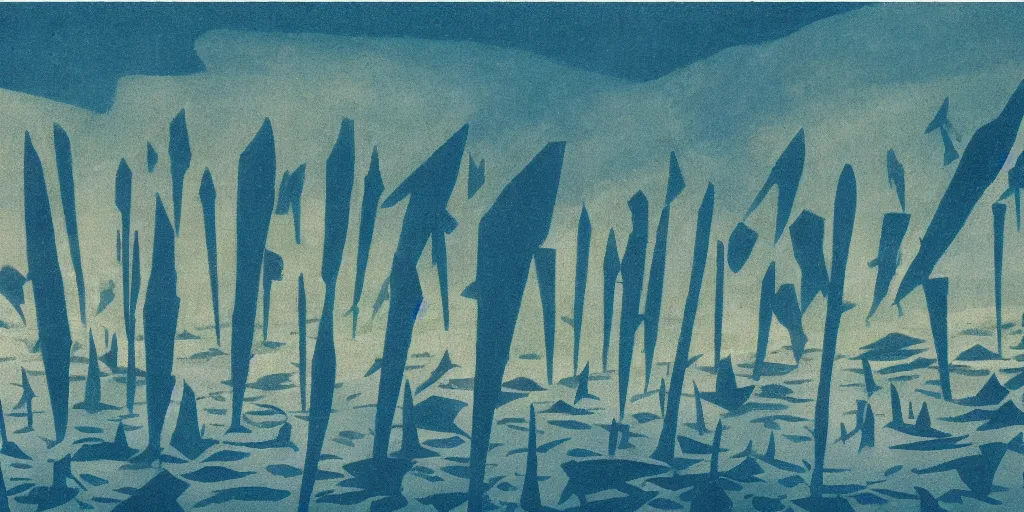 Prompt: The artwork by Aaron Douglas of the cinematic view of a forest of giant diatoms