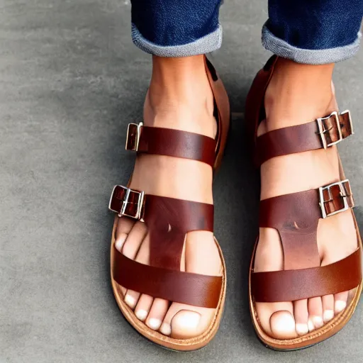 Image similar to sperry brown leather sandals with extremely long toe points, photorealistic