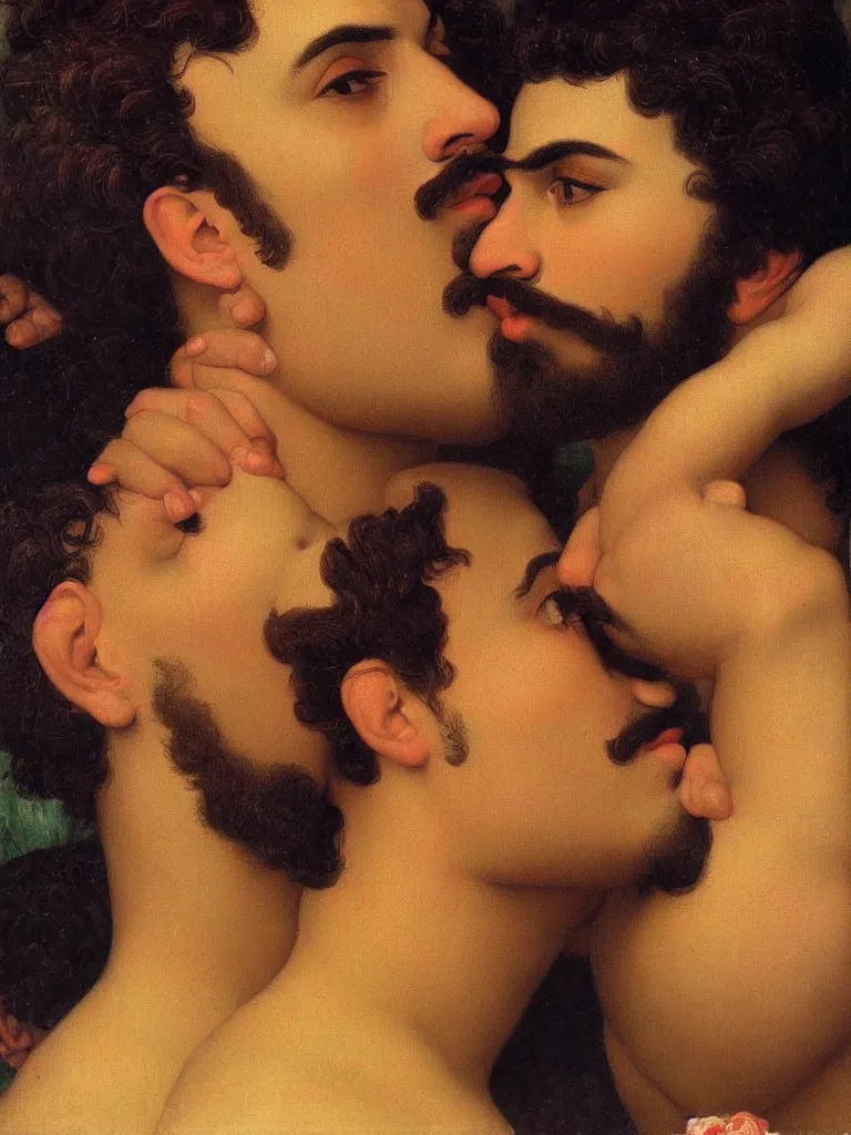 Image similar to close up portrait of 20 years old muscular persian iranian wrestlers handsome men with a mustache kiss, victor Nizovtsev, Botticelli, bouguereau
