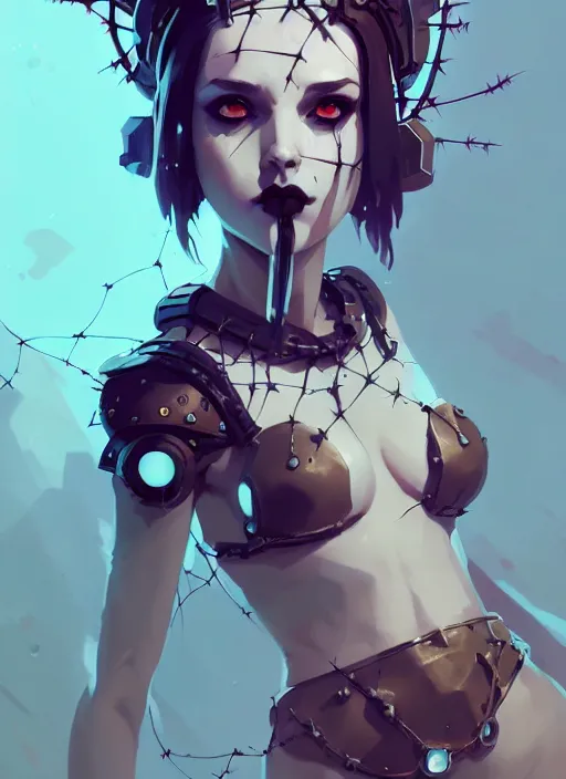 Image similar to portrait of cute goth maiden girl with crown of thorns in cyber bikini armor, warhammer, cyberpunk, by atey ghailan, by greg rutkowski, by greg tocchini, by james gilleard, by joe fenton, by kaethe butcher, dynamic lighting, gradient light blue, brown, blonde cream and white color in scheme, grunge aesthetic