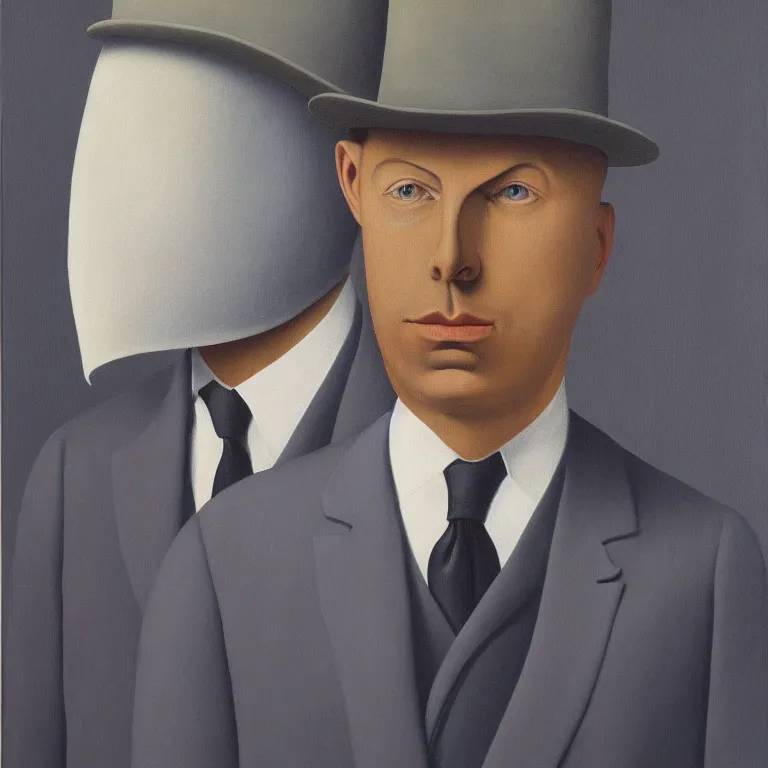 Prompt: portrait of man in a suit with covered face by rene magritte, detailed painting, hd, hq, high resolution, high detail, 4 k, 8 k