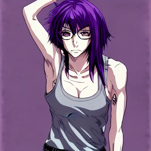 Image similar to style of madhouse studio anime, black lagoon manga, loish, artgerm, comic art, portrait of revy from black lagoon, symmetrical eyes and symmetrical face, jean shorts, white tank top, purple hair, sarcastic evil smirk on face, sky and ocean background