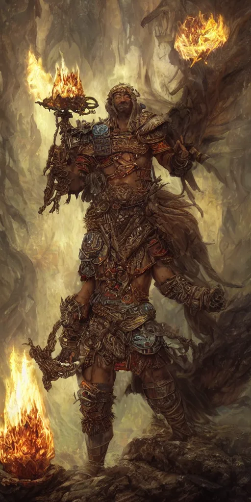 Prompt: HDR, realistic, high depth of field portrait of muscular male human latino short-haired sun cleric druid shaman with firefox pet, flame conjuring armored, highly detailed, intricate image by Andrei Riabovitchev, Shaun Tan and Peter Mohrbacher, matte painting