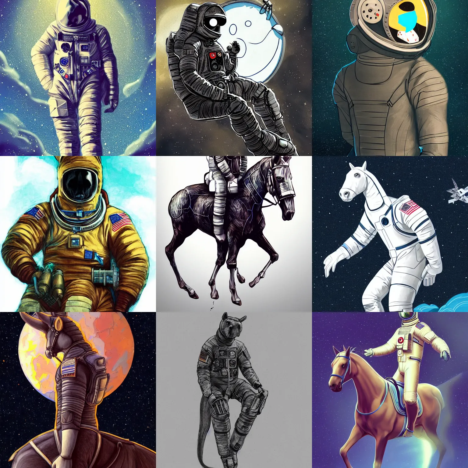 Prompt: illustration man in horse costume cosplay sitting on astronaut beautiful, high detailed, illustration artstation, shaped picture, sci - fi, futuristic