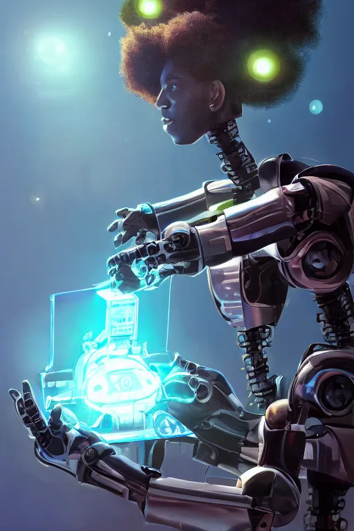 Prompt: a black kid fixing his futuristic robot in the nature, mixing solarpunk, afropunk ( ( ( ( volumetric light ) ) ) ), high angle, part by pearl fryar, part by prince damah, sunny day, trending on artstation, cinematic view, illustration, painting, realisticr