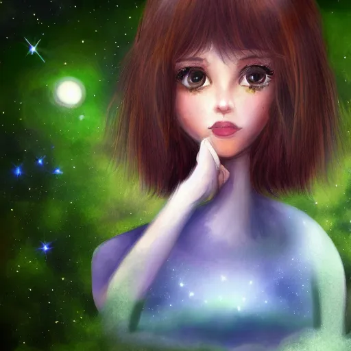 Prompt: an hd photo of a cute young woman with short brown hair and green eyes, beautiful trees in the background, night sky with stars and galaxies, trending on artstation