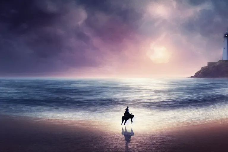 Image similar to photo of man riding a horse along the beach, glowing underwater waves toward a lighthouse in the distance guiding his way, silhouette, wide horizon, large white clouds, night, intricate, elegant, highly detailed, digital painting, artstation, concept art, smooth, sharp focus, illustration, art by artgerm and greg rutkowski and fra angelico