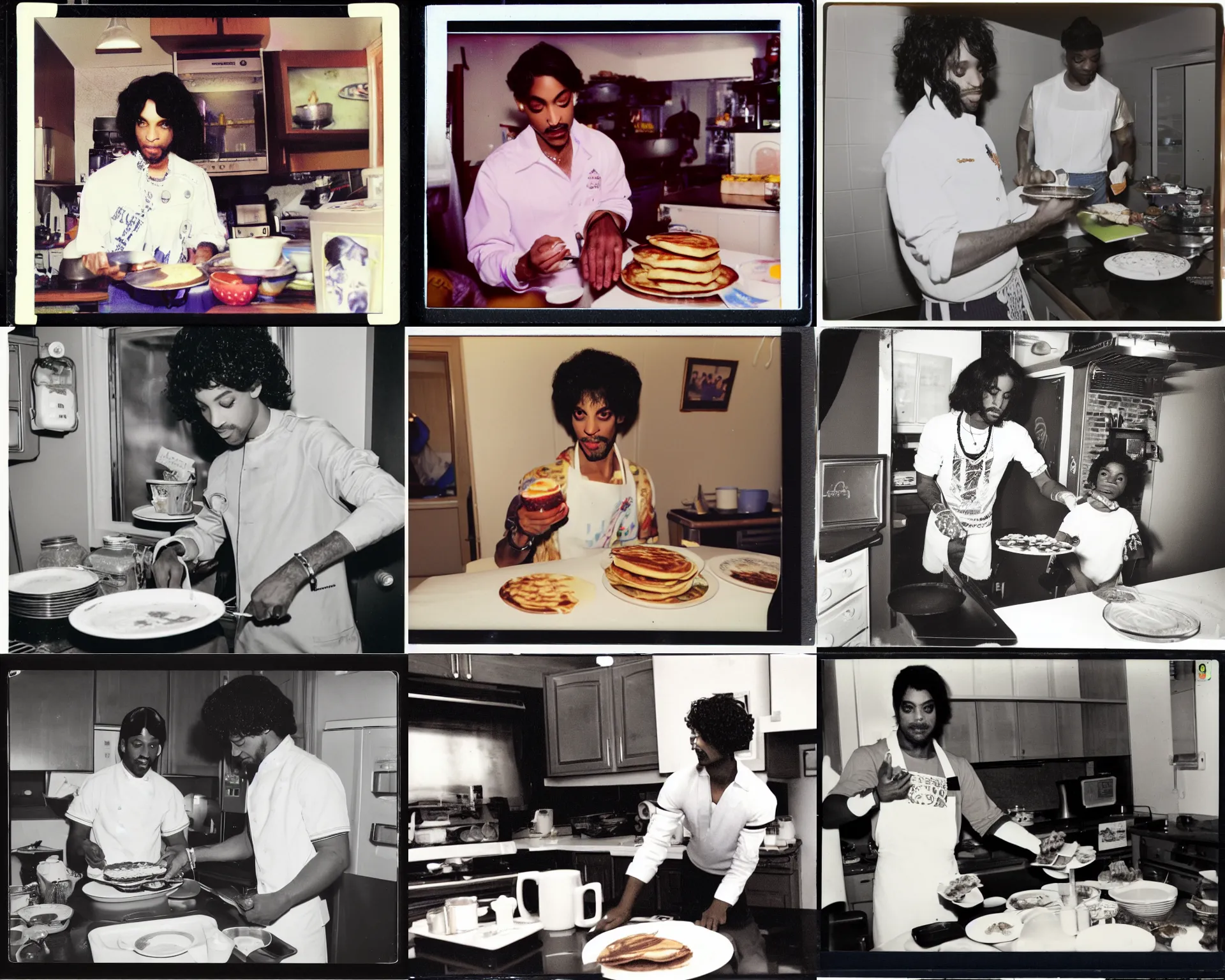 Prompt: close up of prince rogers nelson serving pancakes in his kitchen, polaroid