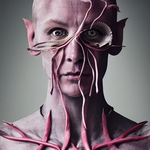Image similar to hyper realistic photography of elon misk, plated arm, intimate, chest, holding close, ribbons, in the style of beth cavener, jinz kagetsu,, and wlop, highly detailed, intricate filigree, symmetry, masterpiece, award winning, sharp focus, concept art, highkey lighting, ambient lighting, octane render, 8 k, artstation