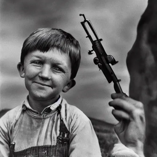 Prompt: blacka nd white old photograph of a farm boy holding a gun pointing at adolf hitler realism, 4 k, award winning photograph