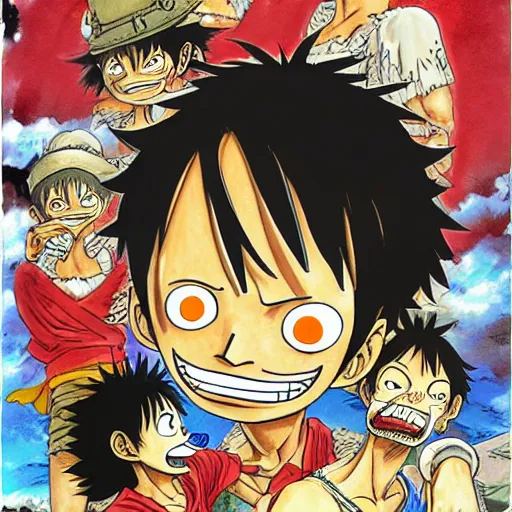 Image similar to [ luffy with mustache ] ( by kim jung gi ) ( by george morikawa ) ( by kentaro miura ) ( by eiichiro oda )