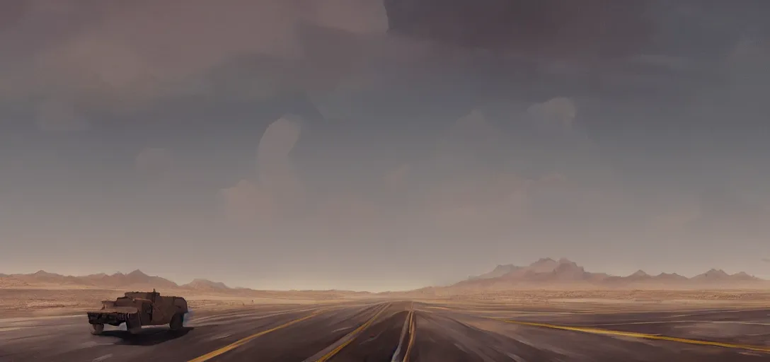 Image similar to a desolate highway in the middle of the nevada desert, establishing shot, opening film shot, video game cinematic, highly detailed, digital painting, concept art, movie poster art, cinematic framing, cinematic lighting, illustration, trending on artstation