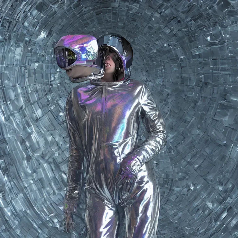 Image similar to octane render portrait by wayne barlow and carlo crivelli and glenn fabry, subject is a woman covered in tie - dye aluminum foil space suit with a iridescent metallic space helmet, inside a giant huge cavernous brutalist cement palace, cinema 4 d, ray traced lighting, very short depth of field, bokeh
