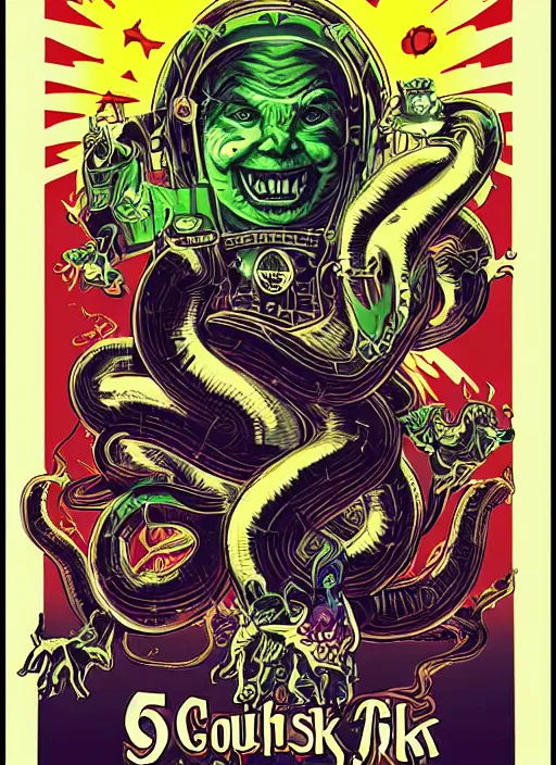 Prompt: disgustingly bullish snake oil salesman cowboy teletubbies sparks a never ending bull run with patented SNAKEOIL brand edible crypto stimulant drink, sci-fi horror movie poster, grotesque, scary, high details, intricately detailed, by vincent di fate, artgerm julie bell beeple, inking, 1990s, vintage 90s print, screen print, purple green color scheme