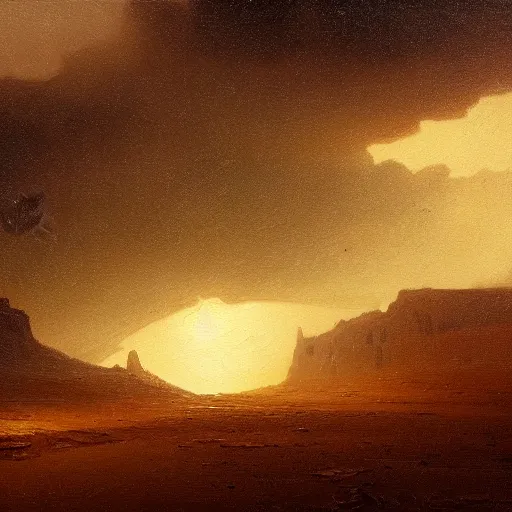 Image similar to an oil painting of a dry and cracked desert on an alien planet with an electrical storm above by carl spitzweg tuomas korpi and greg rutkowski