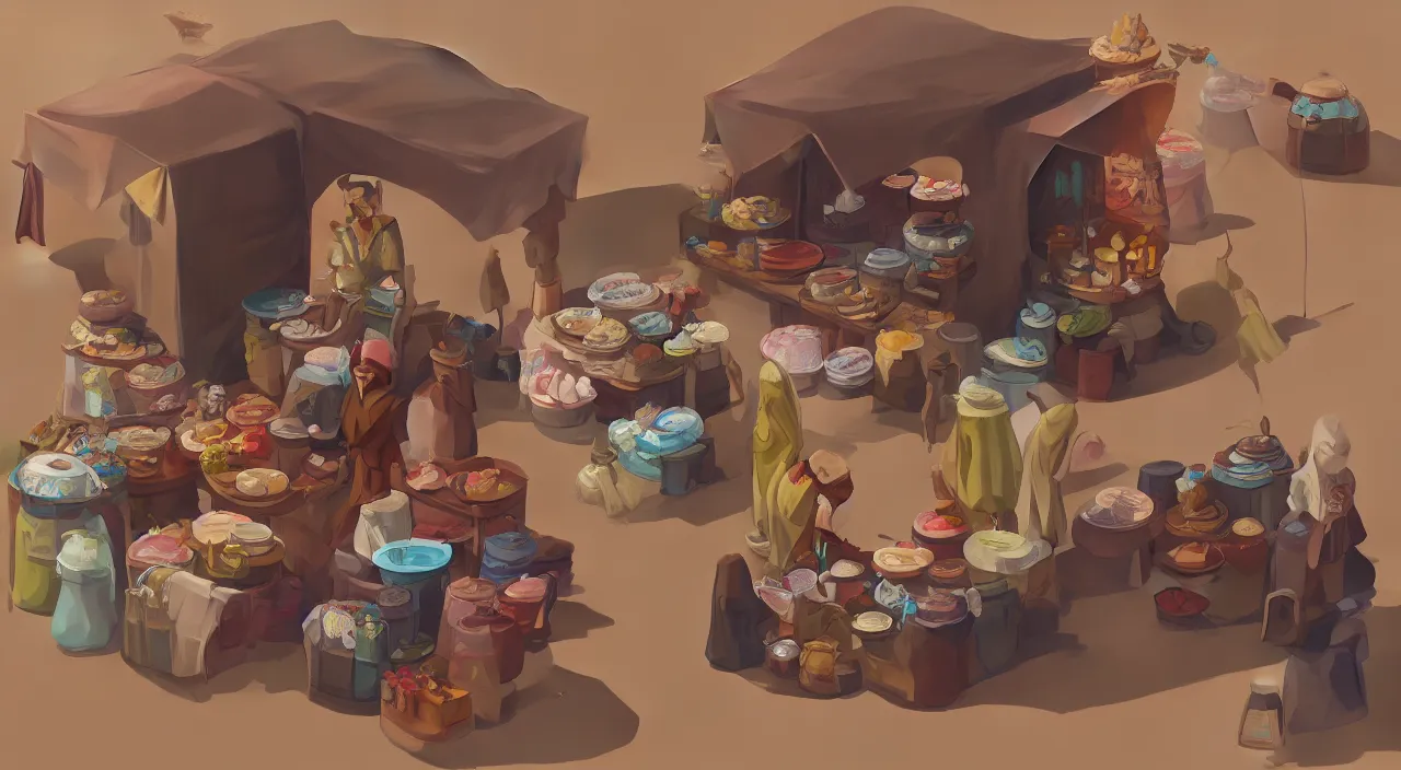 Image similar to A desert shopkeeper selling canteens, trending on artstation