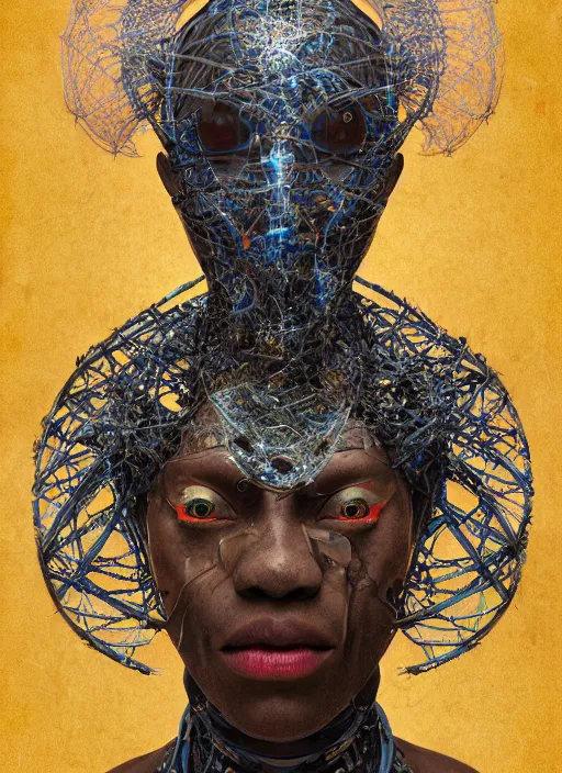 Image similar to portrait of a futuristic african voodoo wizard cyborg, made from million point clouds, in the style of ghost in the shell, kintsugi, modern fine art, fractal, intricate, elegant, highly detailed, digital photography, subsurface scattering, by jheronimus bosch and greg rutkowski,