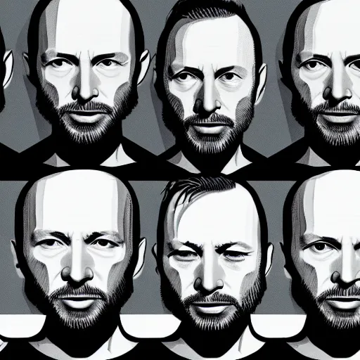 Image similar to versions sprite sheet of variations, hyper realistic, many variations of thom yorke, face variations, various emotions, various poses, high quality, brush stroke, intricate details, beautiful lighting