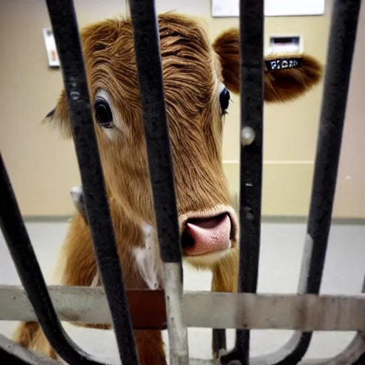 Prompt: jailphoto of a cute calf dressed as an inmate inside jail