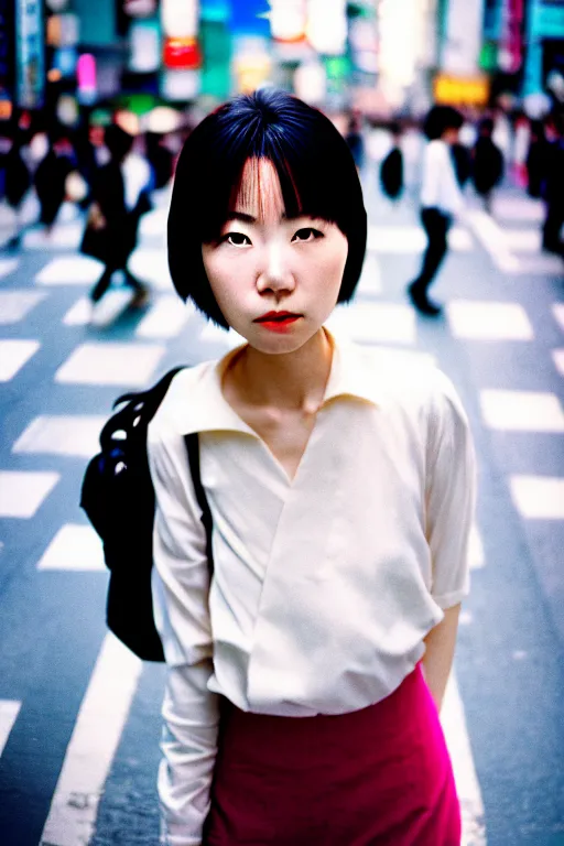 Image similar to street photography portrait of a beautiful japanese woman standing at shibuya crossing during midday, subtle colors, shot on cinestill 5 0 d film, iso 1 0 0, 5 0 mm lens aperture f / 8, dynamic composition, full frame, full res, sharp focus, hyper realistic