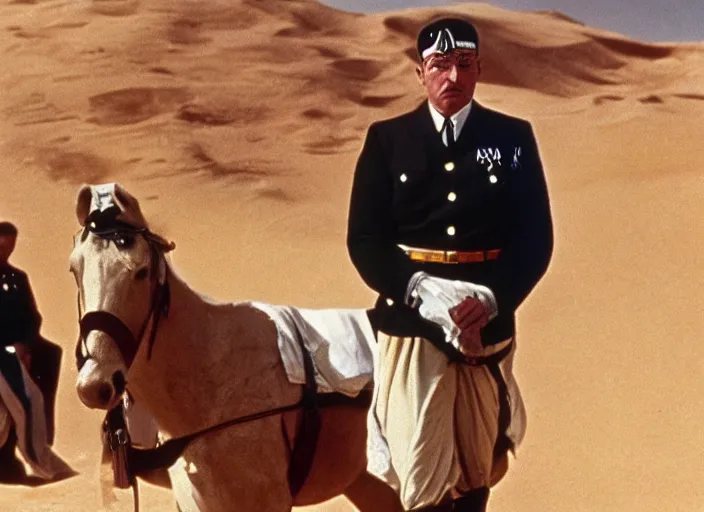 Prompt: a film still of adolf hitler in lawrence of arabia ( 1 9 6 2 ), technicolor