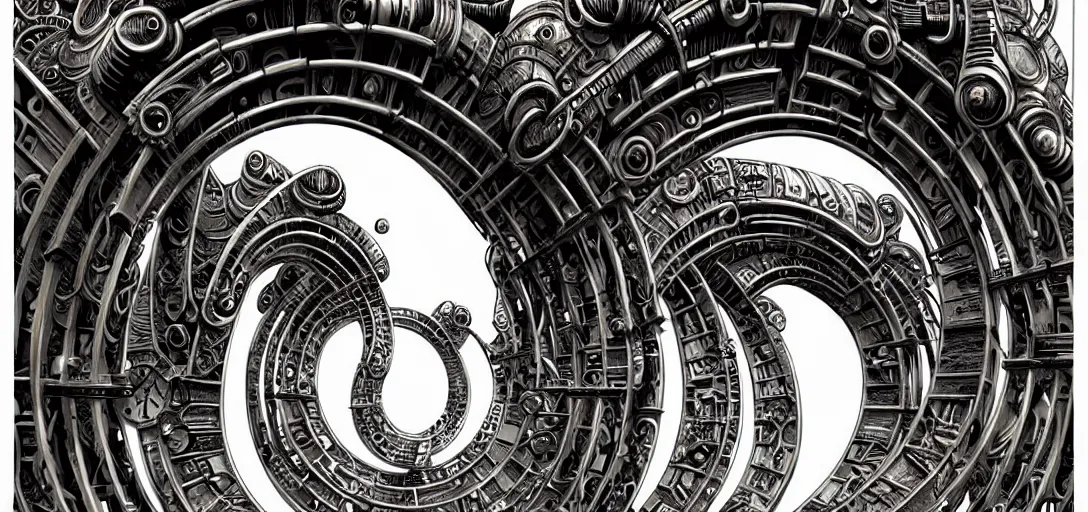 Prompt: a double helix dna cyberpunk steampunk marble carved archway, high details, lineart, by vincent di fate and joe fenton, inking, screen print, masterpiece, trending on artstation, sharp, high contrast, hyper - detailed,, hd, 4 k, 8 k