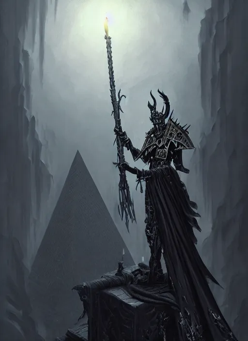 Image similar to portrait of nagash sitting atop his black pyramid, evil, grim dark, gloomy, mist, warhammer 4 0 k, onyx, intricate, elegant, evil candle light, highly detailed, digital painting, artstation, concept art, smooth, sharp focus, illustration, art by wlop, mars ravelo and greg rutkowski