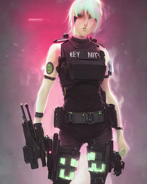 Image similar to anime key visual of a young female swat officer, neon, cyberpunk, futuristic, white top, black vest, stunning, highly detailed, digital painting, artstation, smooth, soft focus, illustration, art by artgerm and greg rutkowski and alphonse mucha