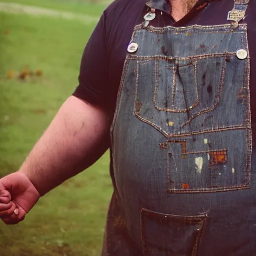 Image similar to obese redneck man with long beard wearing dirty and tattered overalls shirt, close up, kodak gold 2 0 0,