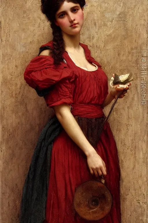 Prompt: John William Godward and Solomon Joseph Solomon and Richard Schmid and Jeremy Lipking victorian genre painting full length portrait painting of a young beautiful woman traditional german french barmaid in fantasy costume, red background