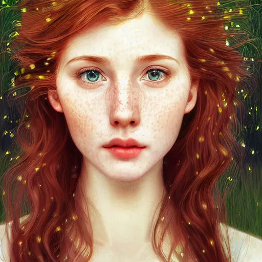 Image similar to portrait of a red haired girl, long hair, green eyes, hint of freckles, beautiful round face, soft amazed smiles, among golden fireflies, highly detailed, deep focus, elegant, digital painting, smooth, sharp focus, golden ratio, illustration, ultra realistic, 8 k, art by artgerm and alphonse mucha