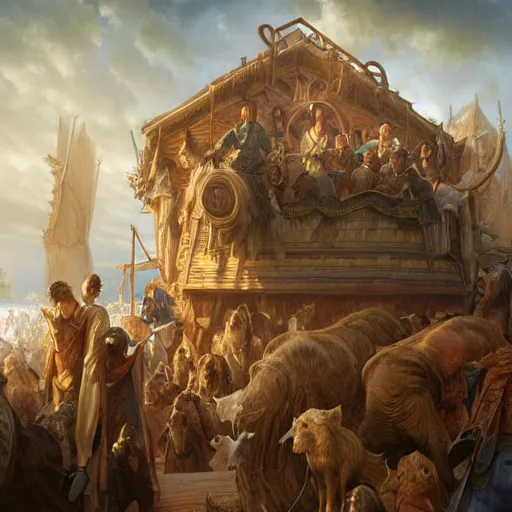 Prompt: an extremely detailed matte painting of the animals boarding noah's ark, 4 k, noah from the bible as a wizard, antediluvian, art by artgerm and greg rutkowski and alphonse mucha, in the style of epic fantasy