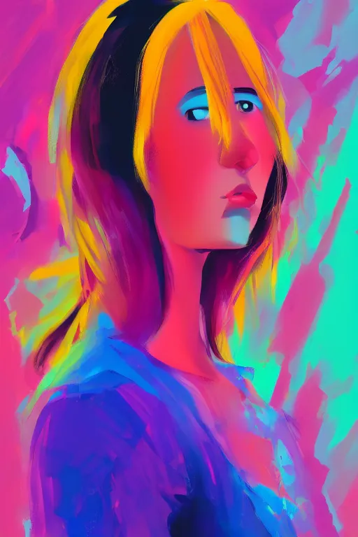 Image similar to an expressive profile painting of a female gen z student, in the style of an original beeple digital art painting, vaporwave cartoon