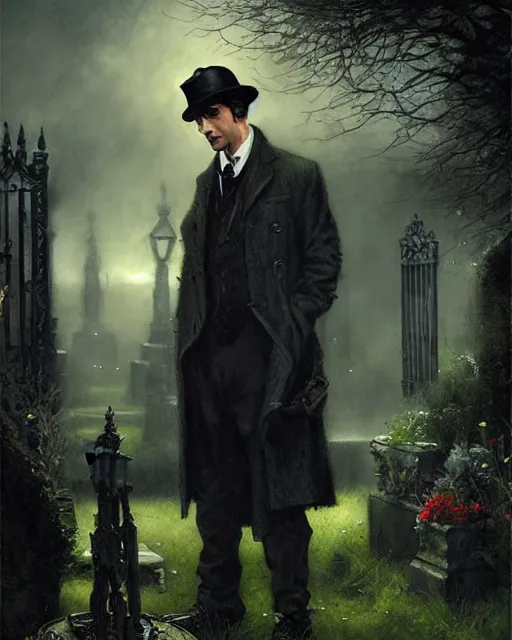 Prompt: sherlock holmes standing in a graveyard, night, detailed, hd, dramatic lighting, by tom bagshaw, by fintan magee, by raymond swanland, by sherree valentine daines