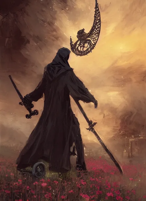 Prompt: grim reaper + scythe and black rose + kodachrome, 2 d, 3 d, ray tracing global illumination, insanely detailed and intricate, hypermaximalist, elegant, ornate, hyper realistic, super detailed : : by ismail inceoglu, by john constable