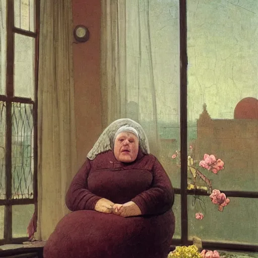 Image similar to a sweet fat old happy woman with a cat on her head. an artistic and poetic scene. jean - leon gerome, orientalism, academicism, angel, beautiful, highly detailed, color harmony, octane render, ornate, paul klee, flowers, window, zbrush, realism, darkness, alchemical, style of moebius