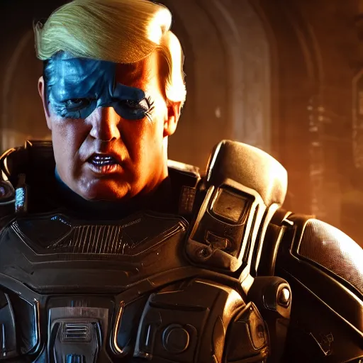 Image similar to Portrait! of President Donald Trump as ((captain america)) in Gears of War, splash art, movie still, cinematic lighting, dramatic, octane render, long lens, shallow depth of field, bokeh, anamorphic lens flare, 8k, hyper detailed, 35mm film grain