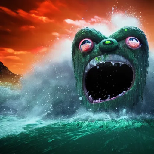 Prompt: the pain is splattered on the sad monster's green face while huge waves crash against him, water sprays into the air, moody dark sky, hints of red and yellow, fantasy, unreal engine