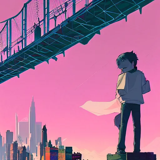 Prompt: damian wayne with pink haired boyfriend, city landscape, Gotham, artstation, highly detailed, by makoto shinkai and thomas kindle and James gilleard