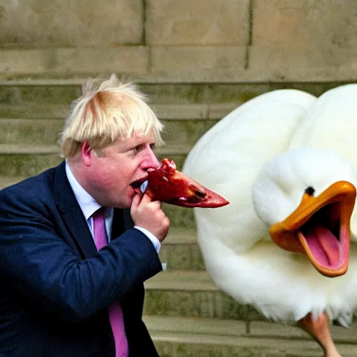 Image similar to boris johnson eating a swan, photograph