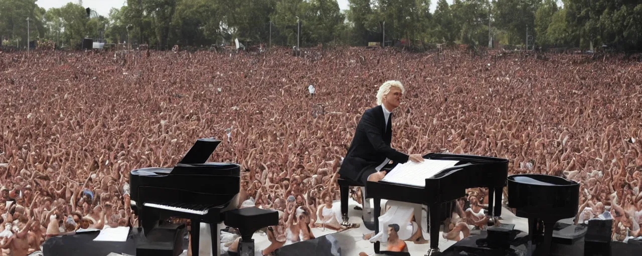 Prompt: shirtless geert wilders playing piano in front of large audience