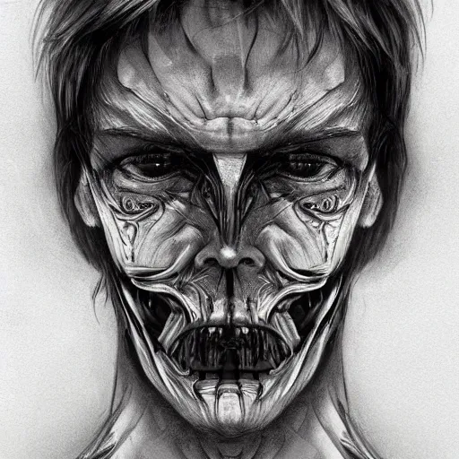 Image similar to surreal portrait of a man by Greg Rutkowski and H.R Giger, symmetrical face, he is about 30 years old, west slav features, short blonde hair with bangs, attractive, smart looking, slim, somewhat androgenic, transformed into a kind of biomechanical transhuman god, disturbing, terrifying but fascinating, with a determined and sinister expression on his face, cosmic void background, frightening, fascinating, highly detailed portrait, digital painting, book cover, artstation, concept art, smooth, sharp foccus ilustration, Artstation HQ