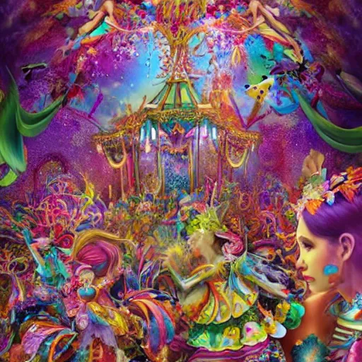 Image similar to an intricately decorated, colorful, chaotic, beautiful carnival hosted by fairies, realistic fantasy illustration
