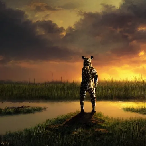 Image similar to bipedal tiger in a bandit costume standing in swamp water gazing at the sunset, fantasy, cinematic, studio ghibli, wide shot, dramatic lighting, dynamic, ultra realistic, ultra detailed, 8 k, thin line work, trending on artstation